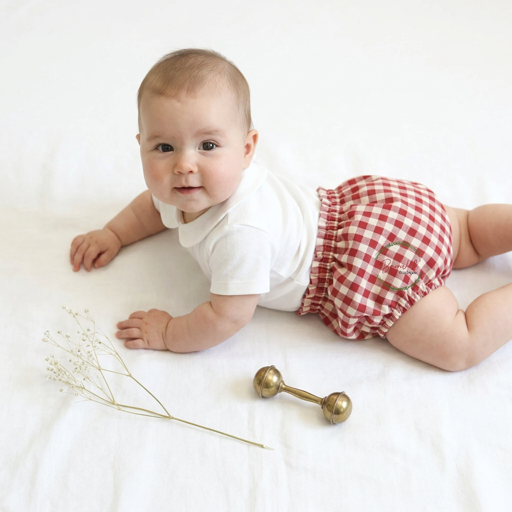 A baby lying on a white blanket wearing a white t-shirt and red-and-white gingham bloomers, with a small gold toy dumbbell and dried flowers nearby.