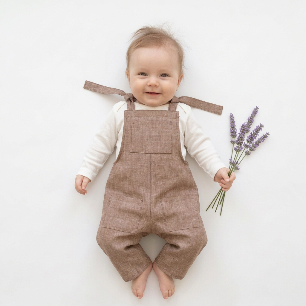 A baby lying on their back wearing brown linen-look overall with a white long-sleeve shirt, holding a small bunch of lavender on a clean white background.