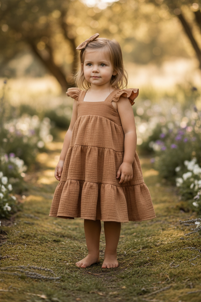 Young girl in a brown dress standing in a garden with blurred flowers and trees in the background