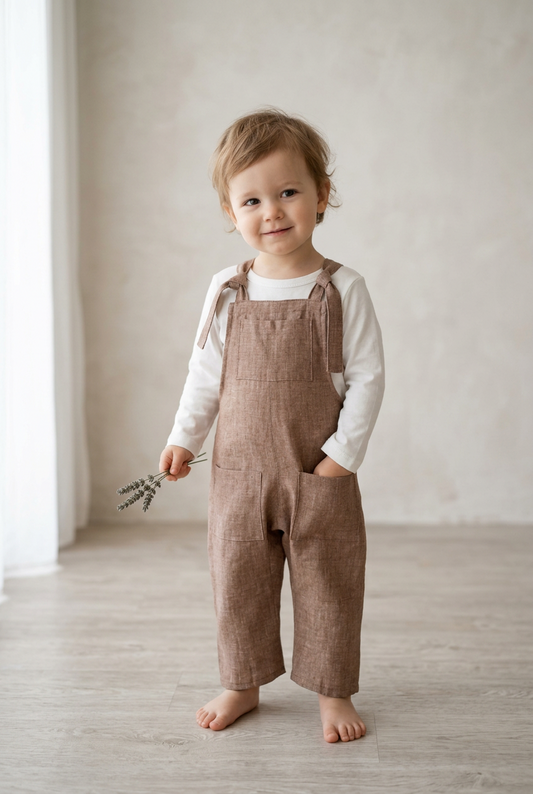A toddler stands barefoot in a neutral indoor setting, wearing a white long-sleeve shirt and brown linen overall pants with side pockets.
