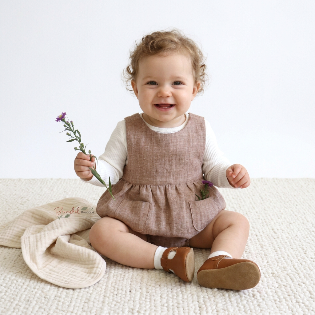A smiling toddler sits on a textured cream rug wearing a linen-look brown pinafore romper over a white long-sleeve shirt, with brown moccasin-style shoes. The child holds a small purple flower, and a folded cream muslin cloth lies beside them against a clean white background.