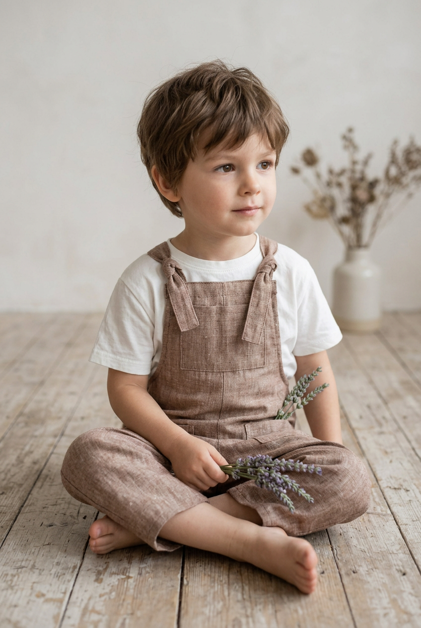 A young child sitting cross-legged on a rustic wooden floor, wearing a white short-sleeve t-shirt and dusty brown linen overall pants with matching bib and trousers. The child is holding a small sprig of lavender, with a neutral studio background and a vase of dried flowers behind them.