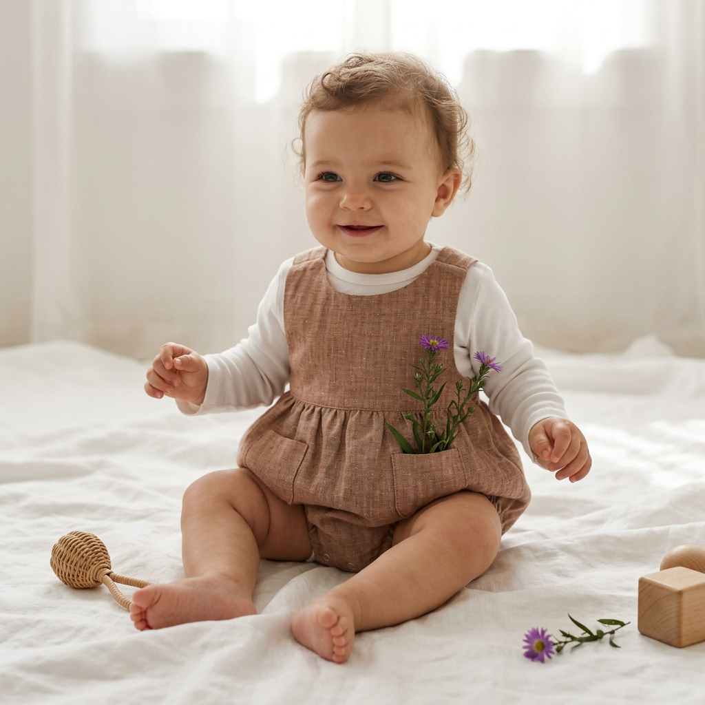 A baby sitting on a white bed wearing a brown pinafore romper over a white long-sleeve shirt, with small wildflowers tucked into the front pocket.