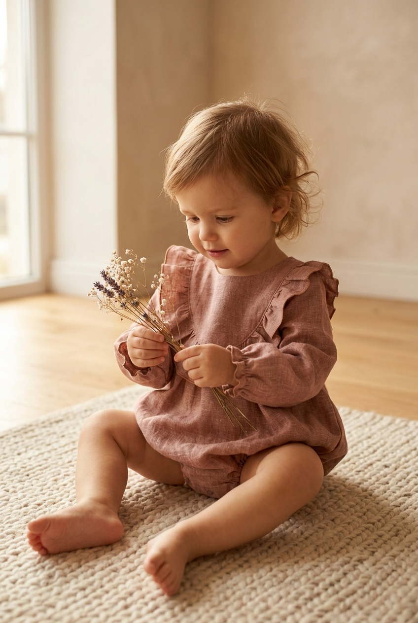 A toddler girl with light brown hair sits barefoot on a woven rug, wearing a dusty rose long-sleeve romper and holding dried flowers.