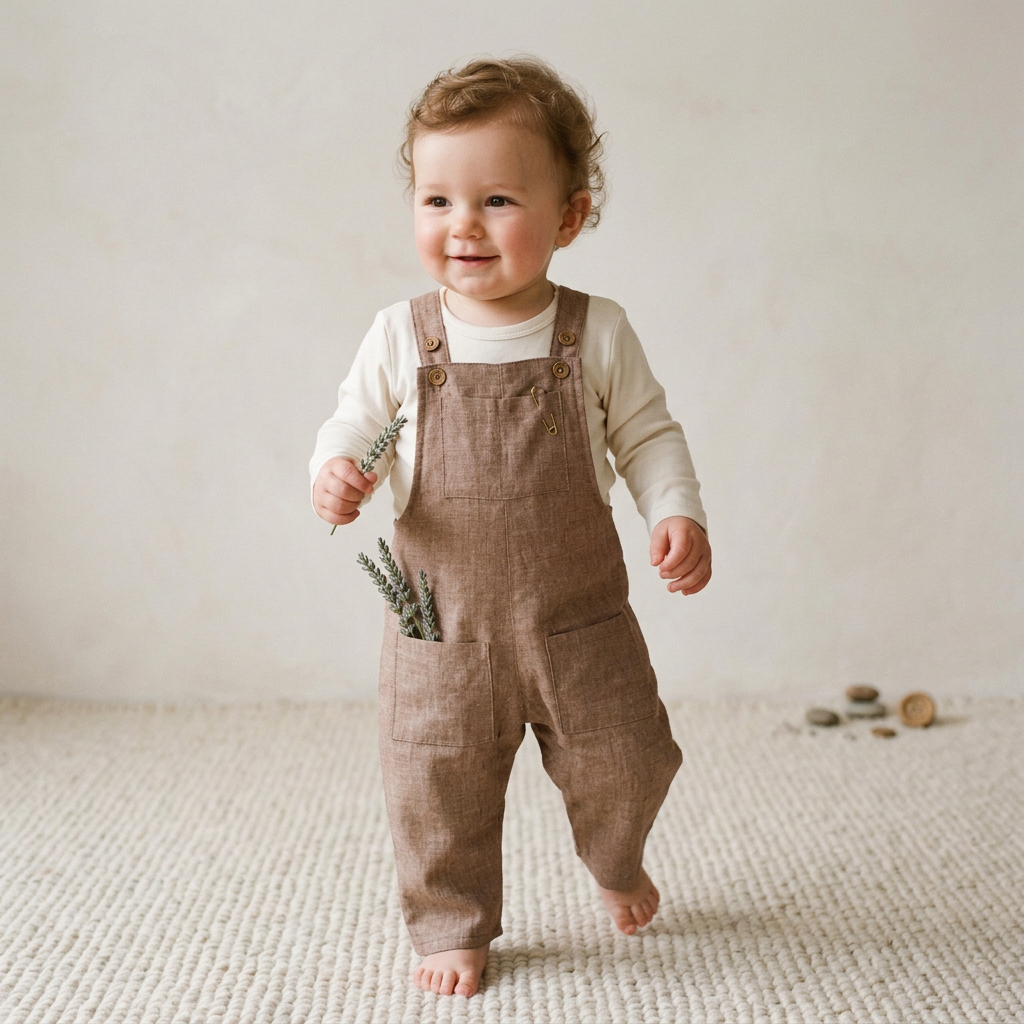 A baby toddler walking barefoot on a textured cream rug, wearing brown linen-look overall over a cream long-sleeve shirt, holding a small sprig of greenery.