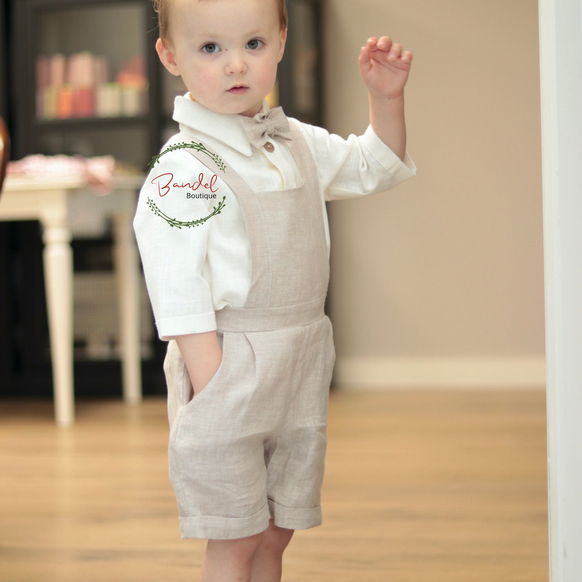 Camel pageboy outfit. Classic ring- bearer outfit. Romper, blouse and bow-tie linen boy outfit suit.