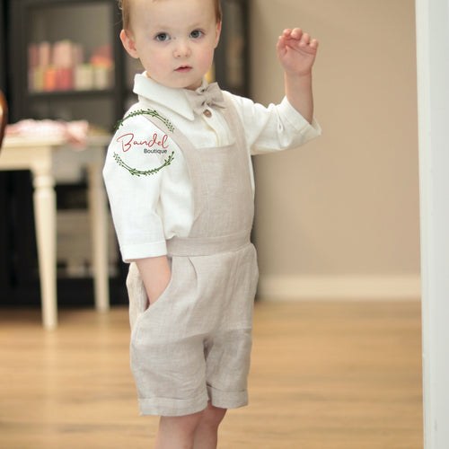 Camel pageboy outfit. Classic ring- bearer outfit. Romper, blouse and bow-tie linen boy outfit suit.
