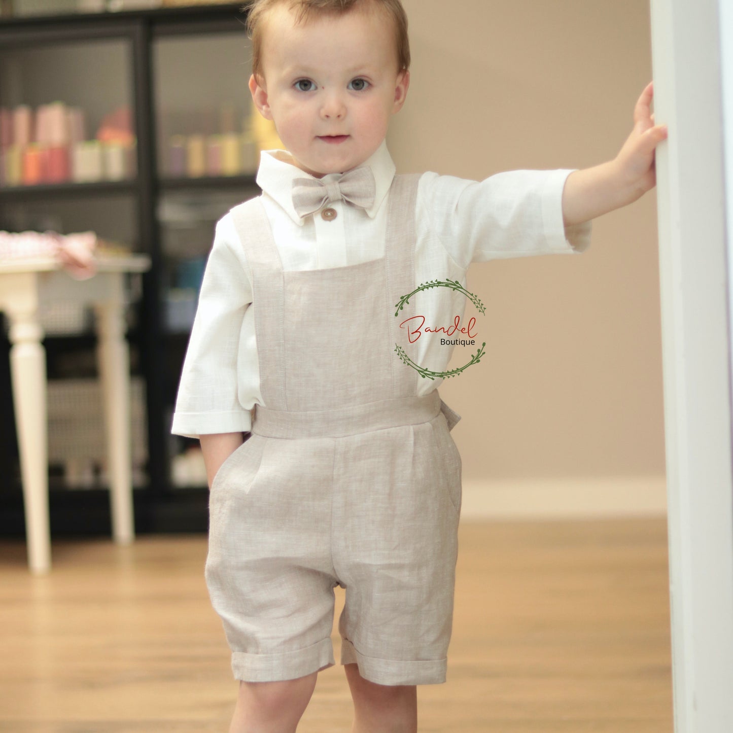 Camel pageboy outfit. Classic ring- bearer outfit. Romper, blouse and bow-tie linen boy outfit suit.