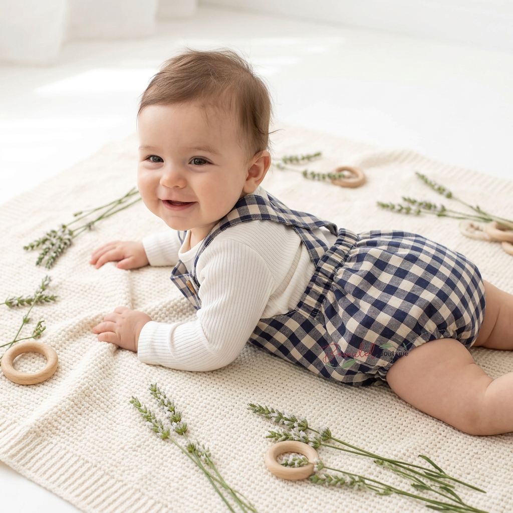A baby lying on a cream knit blanket, wearing a white long-sleeve top and navy-and-white gingham overall shorts. The scene is softly lit with dried lavender sprigs and wooden rings scattered around on a bright white floor.