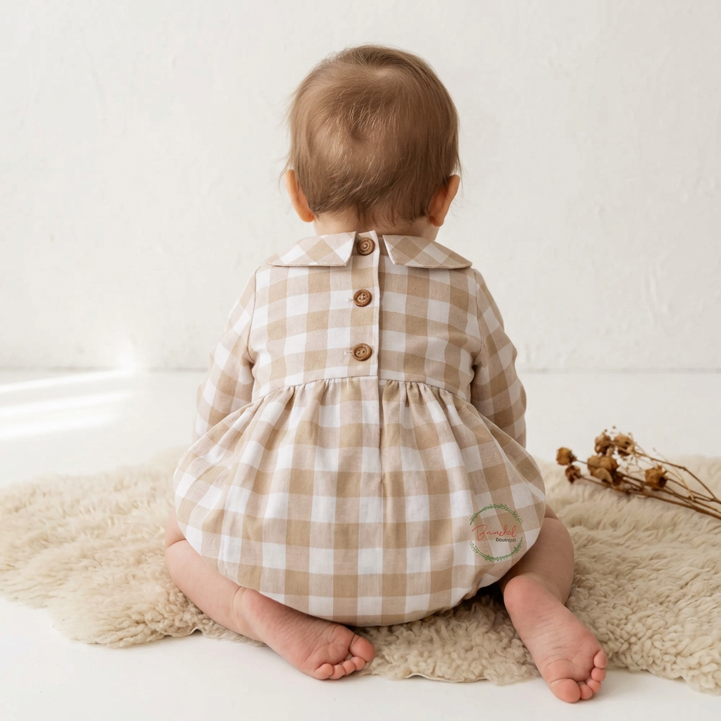 A baby sitting on a cream shag rug, viewed from behind, wearing a beige and white gingham long-sleeve romper with three wooden buttons on the back.
