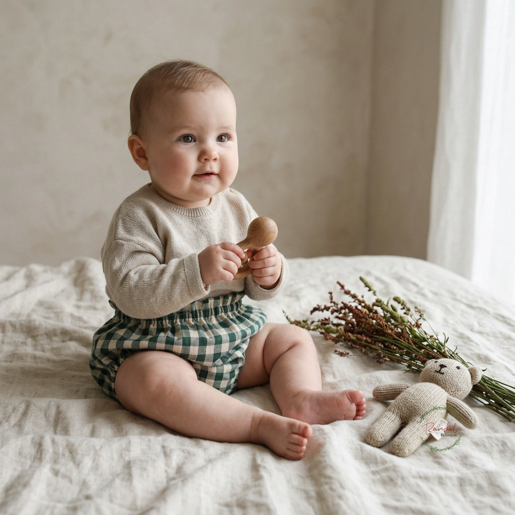A baby sitting on a cream linen bed holding a wooden rattle, wearing a beige knit sweater and green gingham diaper cover, with dried flowers and a small stuffed toy nearby.
