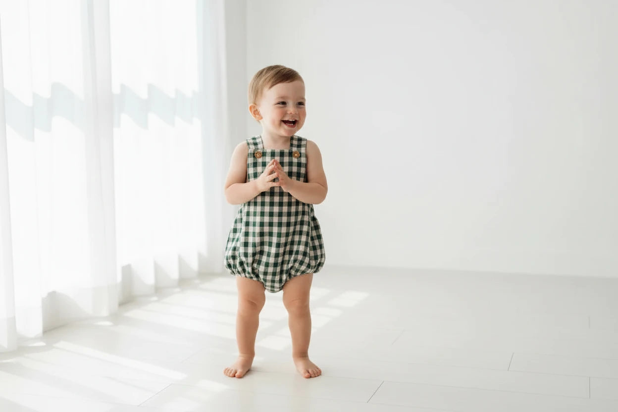 Green Check Cotton Romper