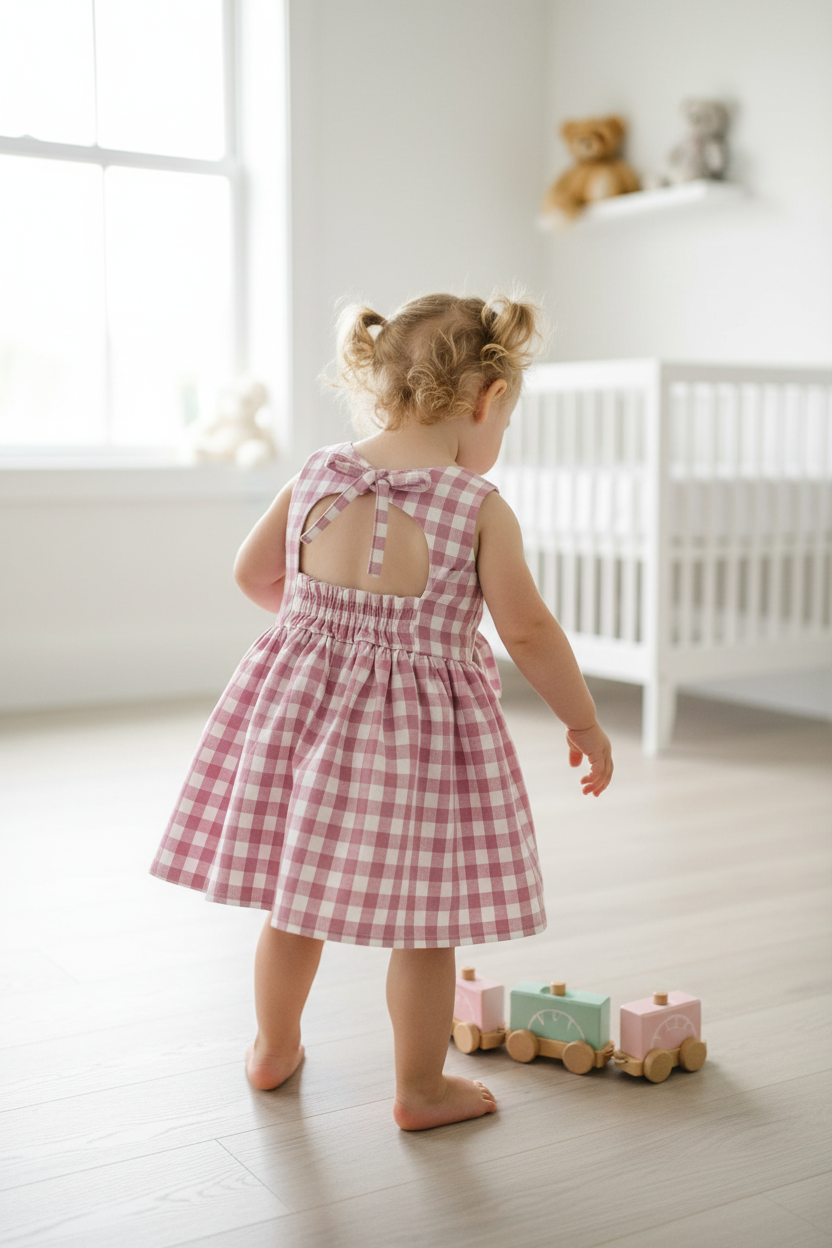 Child in a pink checkered dress standing in a bright room with toys.