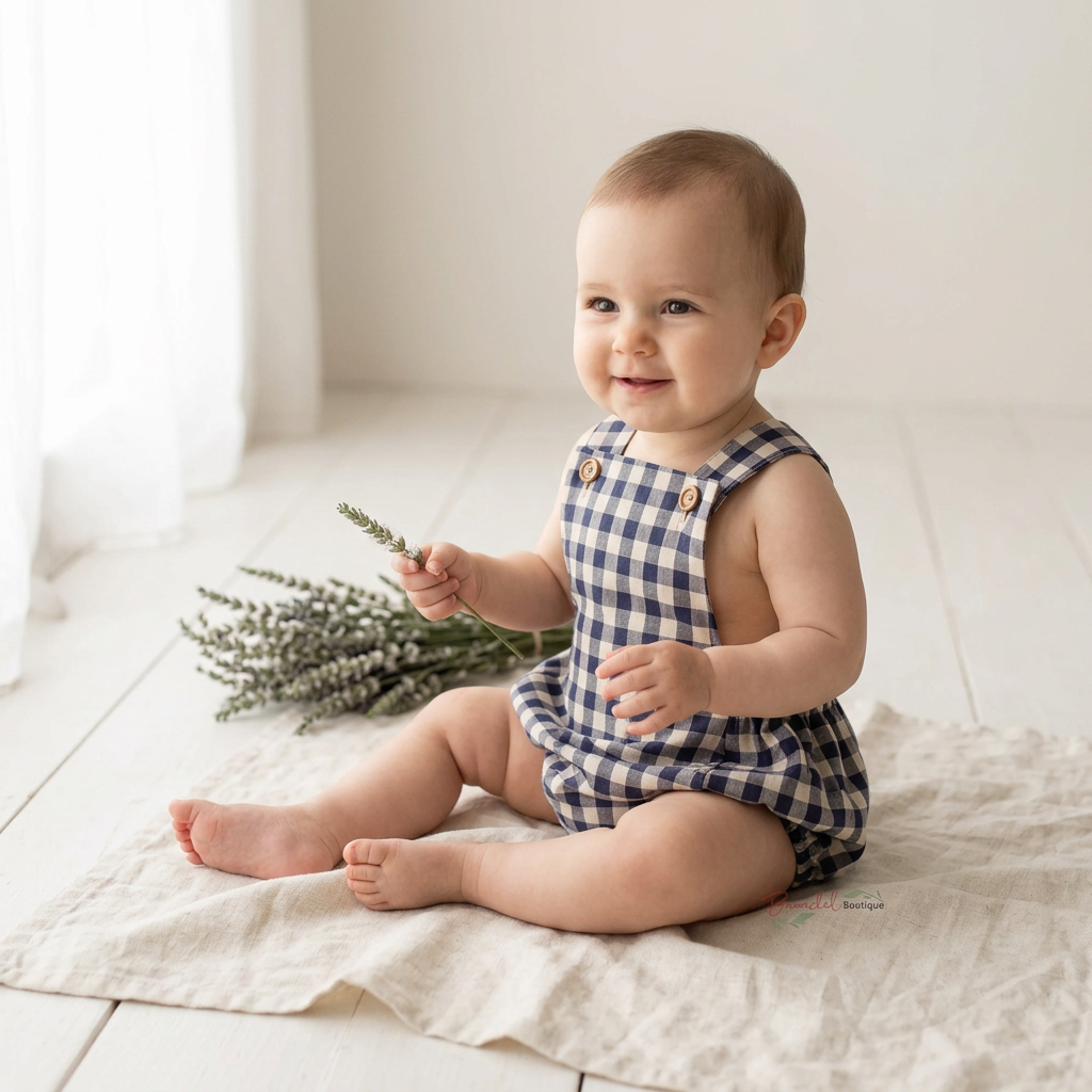 A baby sitting on a cream linen blanket in a bright, minimalist studio setting, wearing a navy and white gingham sleeveless romper with wooden buttons.
