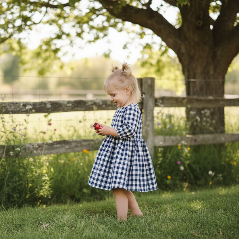 Young girl in a checkered dress standing in a field with a wooden fence and tree in the background.