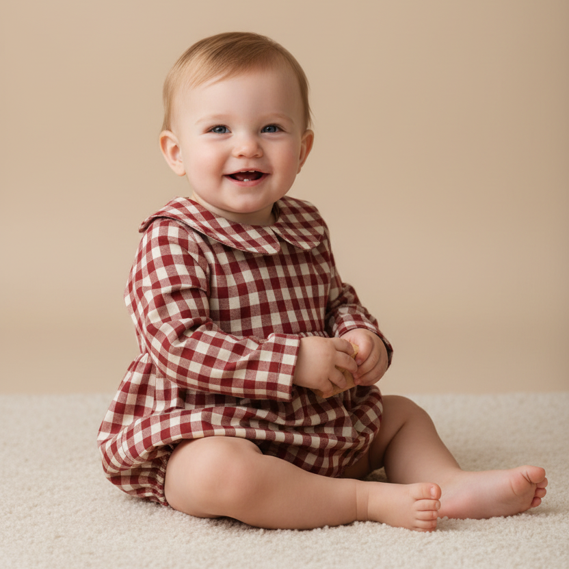 Baby wearing a red and white checkered outfit sitting on a beige surface with a beige background