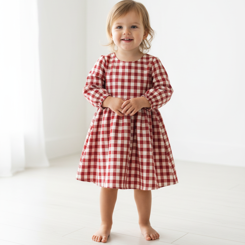 Child wearing a red and white checkered dress on a white background