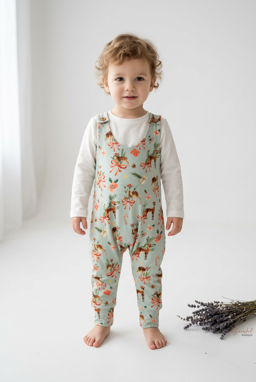 A toddler stands barefoot on a white studio floor wearing a sage green overall-style romper with a multicolor floral and animal print over a white long-sleeve shirt. A small bouquet of dried lavender lies on the floor to the right.