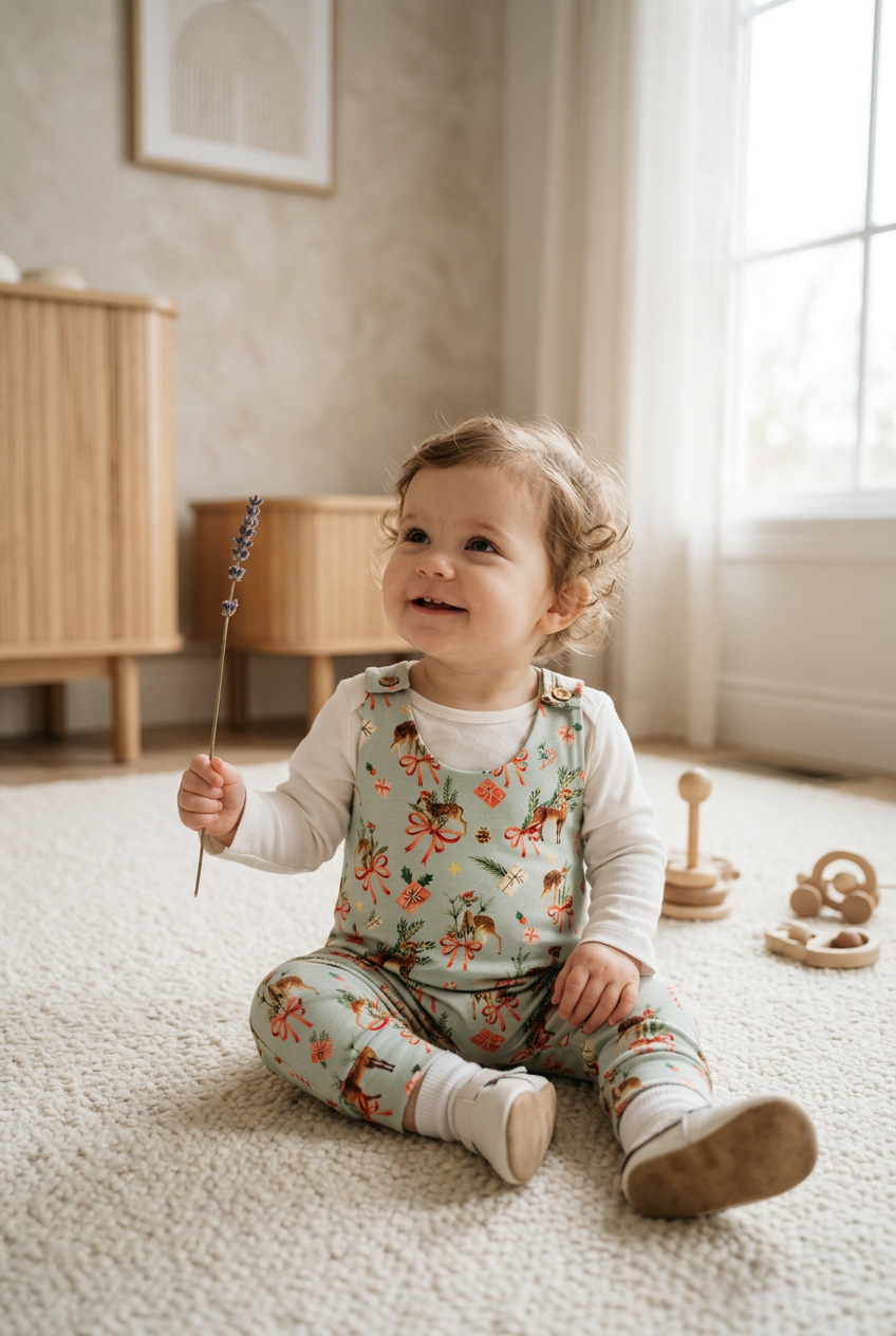 A baby sitting on a cream carpet in a bright room, wearing a light sage green floral overall jumpsuit over a white long-sleeve shirt. The baby is holding a small wooden toy and looking to the side with a happy expression.