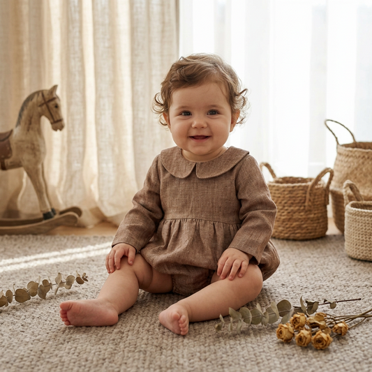 A baby sitting on a textured rug in a softly lit room, wearing a brown long-sleeve linen-look romper with a Peter Pan collar. A rocking horse, woven baskets, and dried flowers are visible in the background.