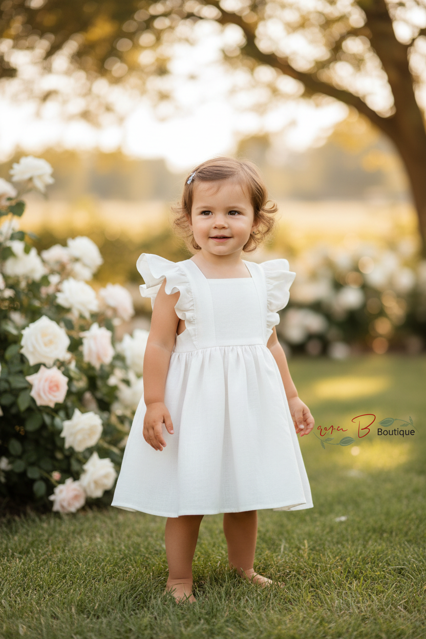 Young girl in a white dress standing in a garden with flowers and trees.