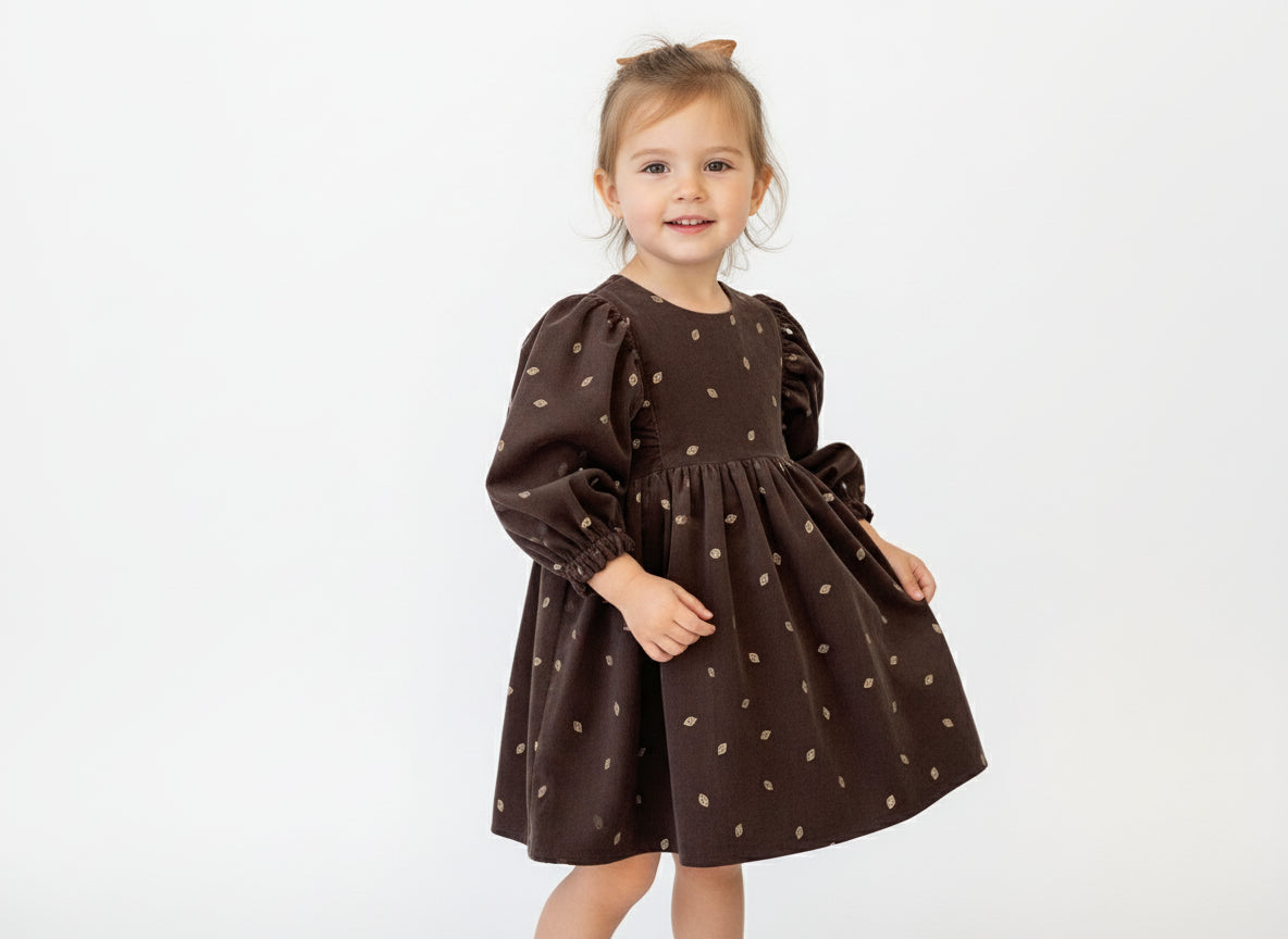 3/4 Sleeves Corduroy Girl Dress Crafted with a luxurious corduroy fabric featuring gold leafs prints and classic styling, this whimsical dress is finished with a ruffled hem, 3/4 length sleeves, and a wooden button closure at the back bodice.
