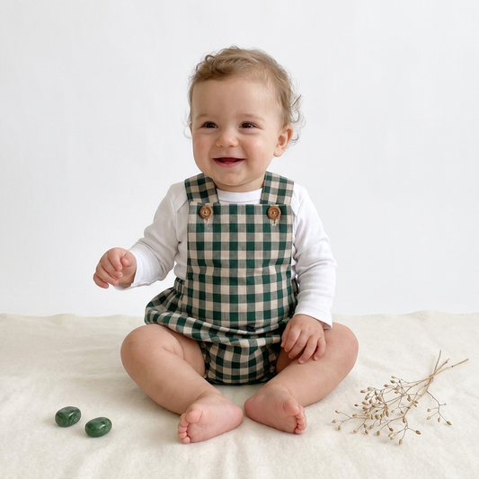 A baby sitting on a cream fabric surface wearing a green and white gingham check overall romper over a white long-sleeve shirt. The background is a clean white studio wall with two small green stones and dried flowers as props.