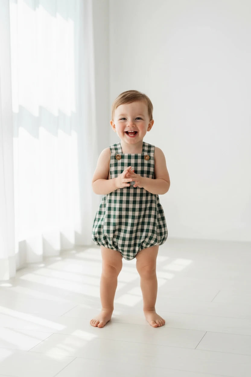 Green Check Cotton Romper