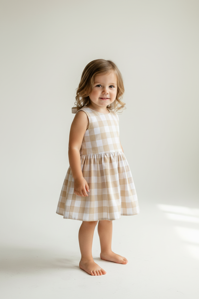 Young girl wearing a checkered dress on a white background