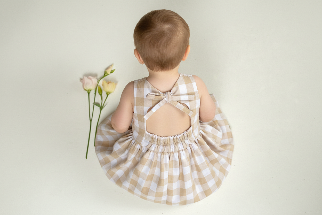 Child wearing a checkered dress with a bow detail, holding flowers against a plain background