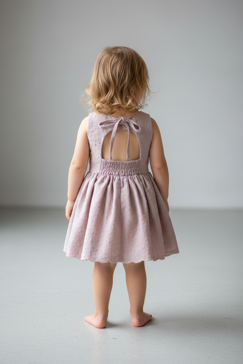 Child wearing a pink dress with a bow detail on a plain background