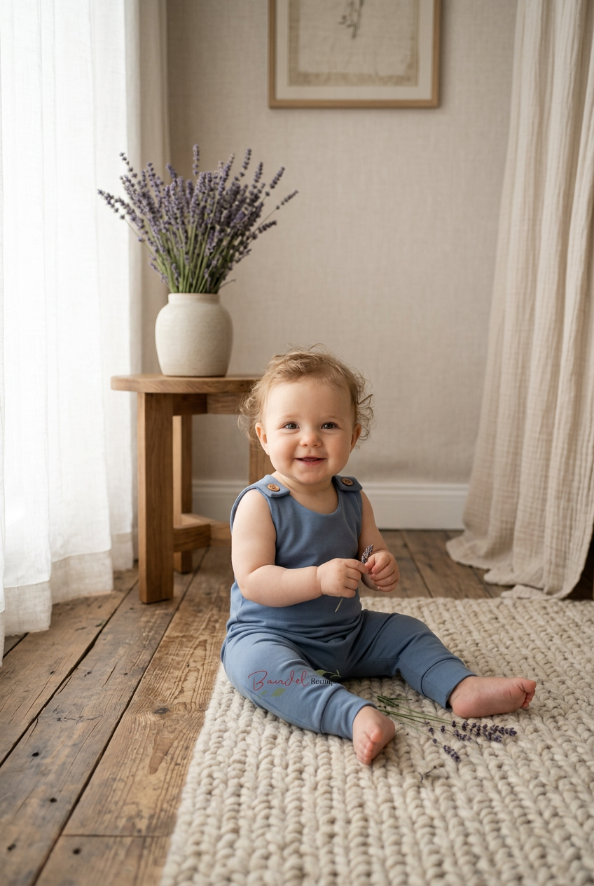 A baby sitting on a woven rug in a cozy room, wearing a slate blue sleeveless top and matching pants. A small wooden side table with a vase of lavender stands nearby.