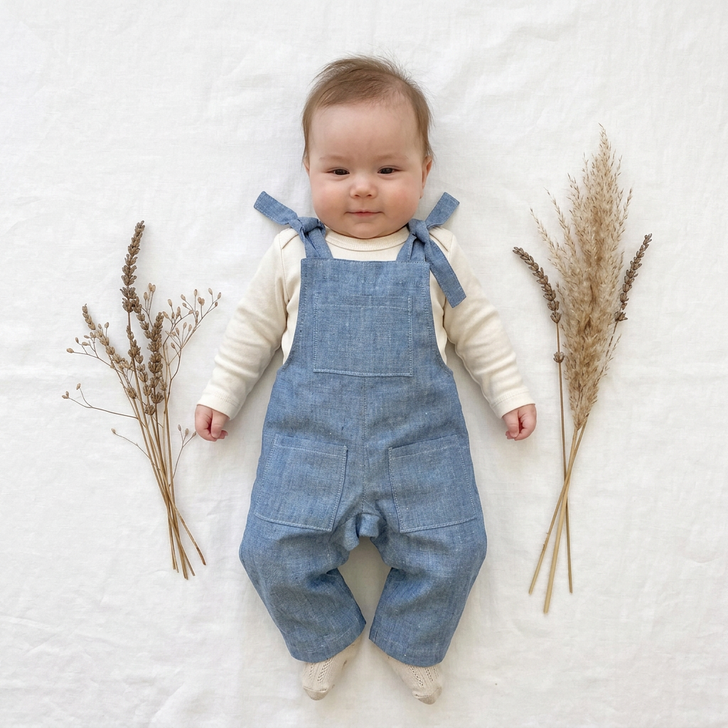 A baby lying on a white fabric background, wearing a light blue denim overall-style romper over a cream long-sleeve shirt. Two small dried floral arrangements are placed on either side of the baby.