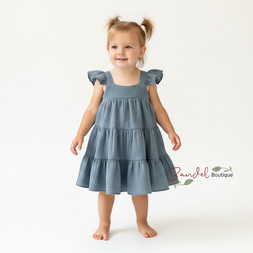 Young girl wearing a blue dress on a white background with 'Rainzel Boutique' branding.