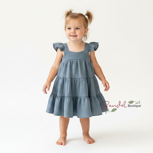 Young girl wearing a blue dress on a white background with 'Rainzel Boutique' branding.