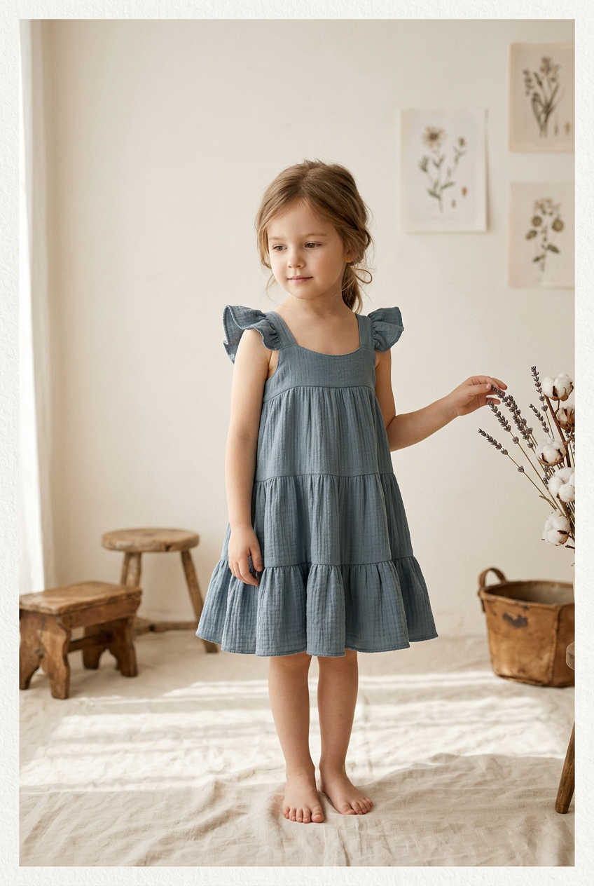 A young girl wearing a dusty blue tiered cotton dress with ruffled shoulder straps, standing barefoot in a softly lit room with wooden stools and dried flowers.