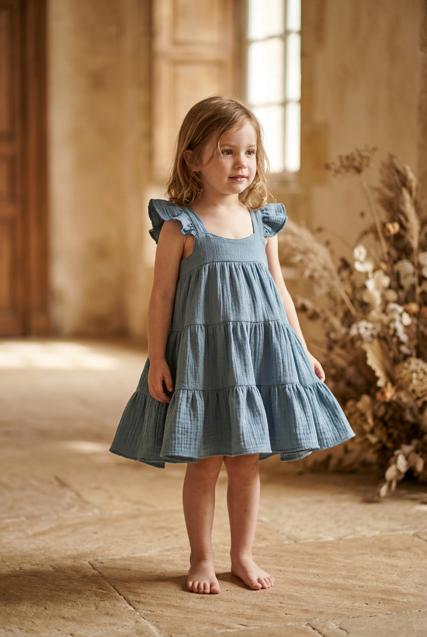 A young girl wearing a dusty blue tiered cotton dress with ruffled cap sleeves, standing barefoot in a warm, sunlit rustic room.