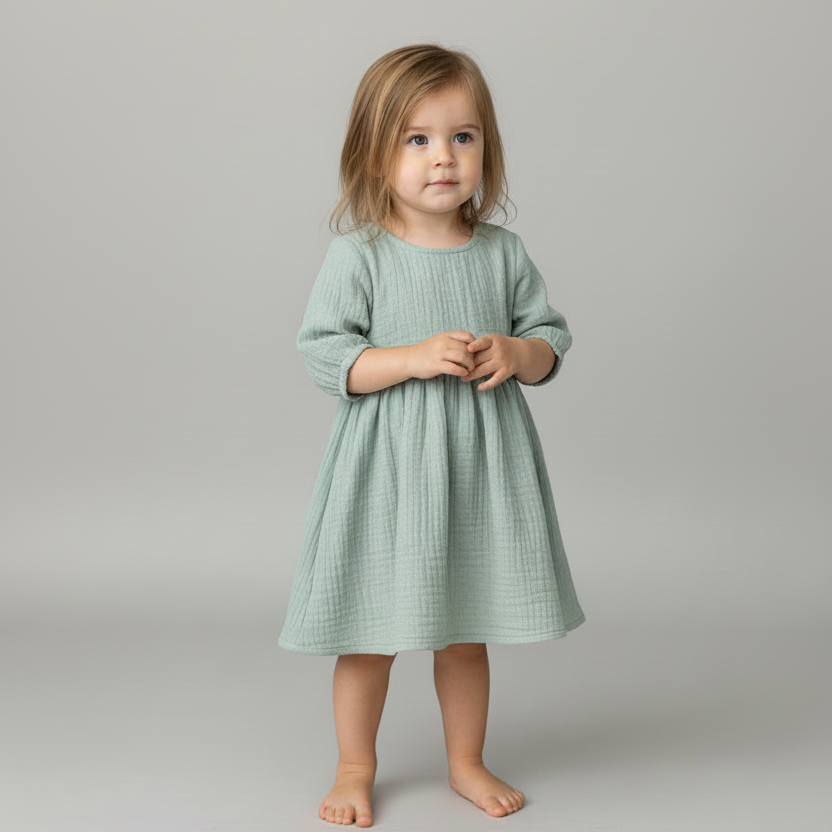 Young child wearing a light green dress on a plain background
