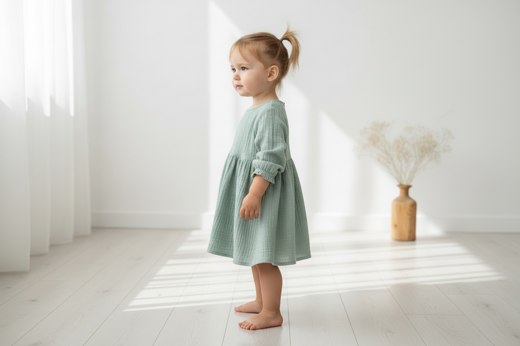 Young child in a light green dress standing in a bright room with white walls and a wooden vase.