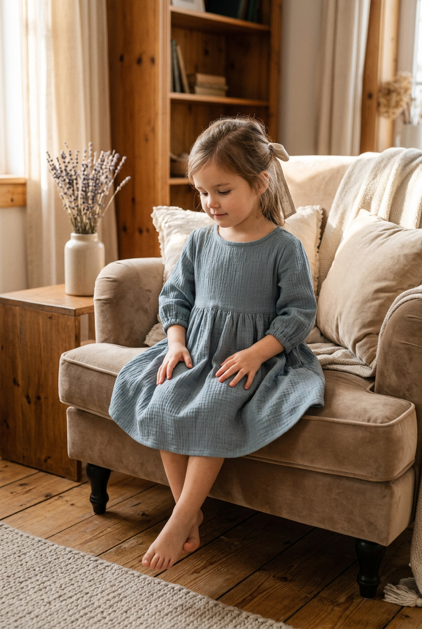 A young girl sits barefoot on a beige armchair in a cozy room, wearing a dusty blue textured long-sleeve dress.
