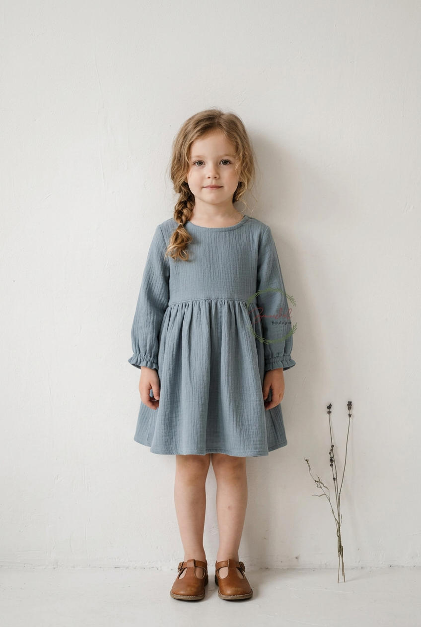A young girl with a side braid stands against a white wall wearing a dusty blue long-sleeve cotton dress and brown leather shoes.