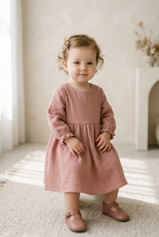 A toddler girl wearing a dusty rose long-sleeve textured cotton gauze dress and matching pink shoes, standing in a bright, neutral-toned room.