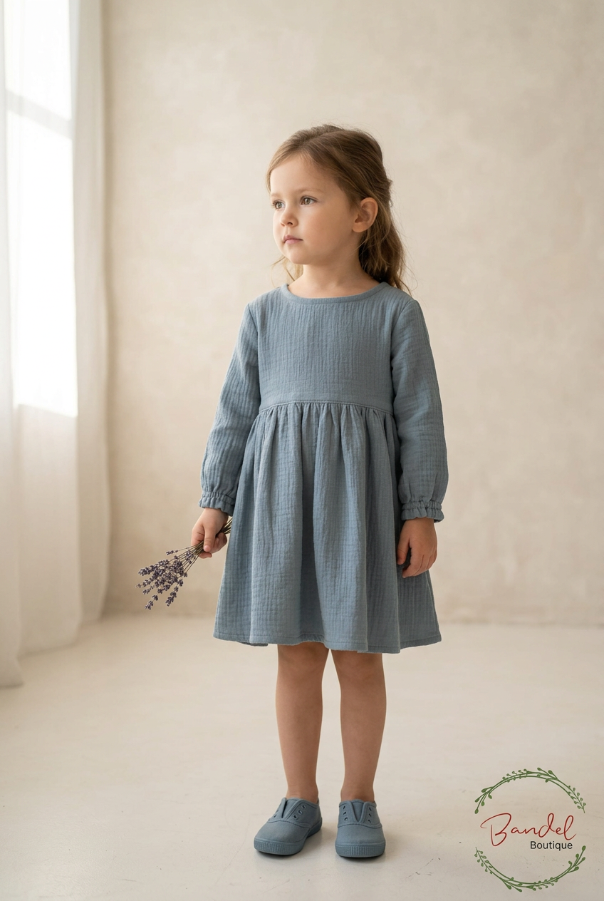 A young girl with light brown hair stands in a softly lit studio wearing a dusty blue long-sleeve gingham dress and matching blue shoes. She is holding a small sprig of dried lavender.