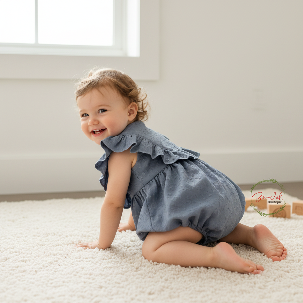Baby in a blue romper sitting on a white carpet