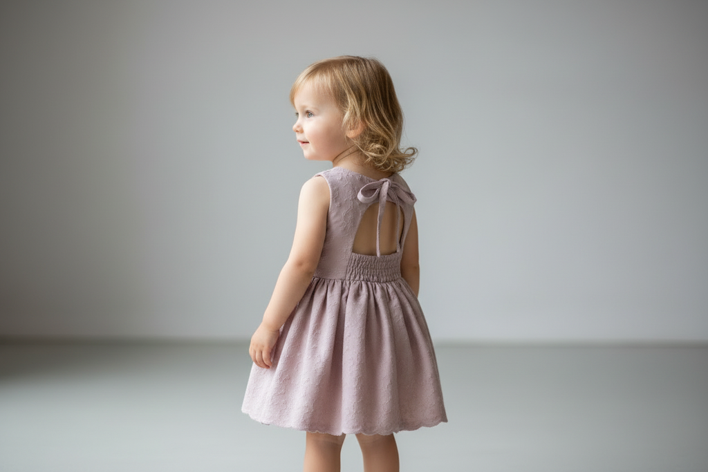 Child wearing a pink dress with a bow detail on a plain background