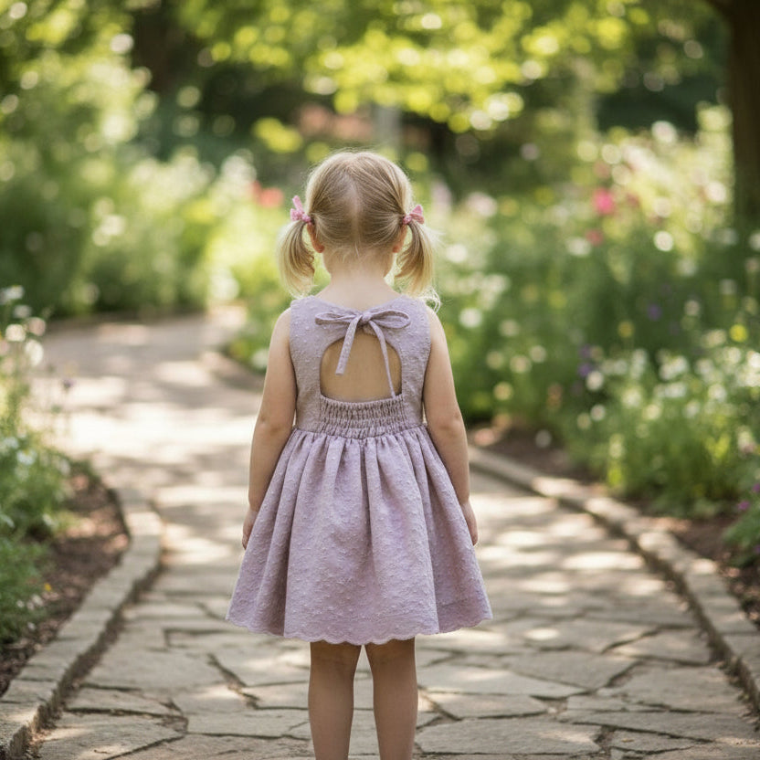 Young girl wearing a pink dress with a bow detail on a plain background