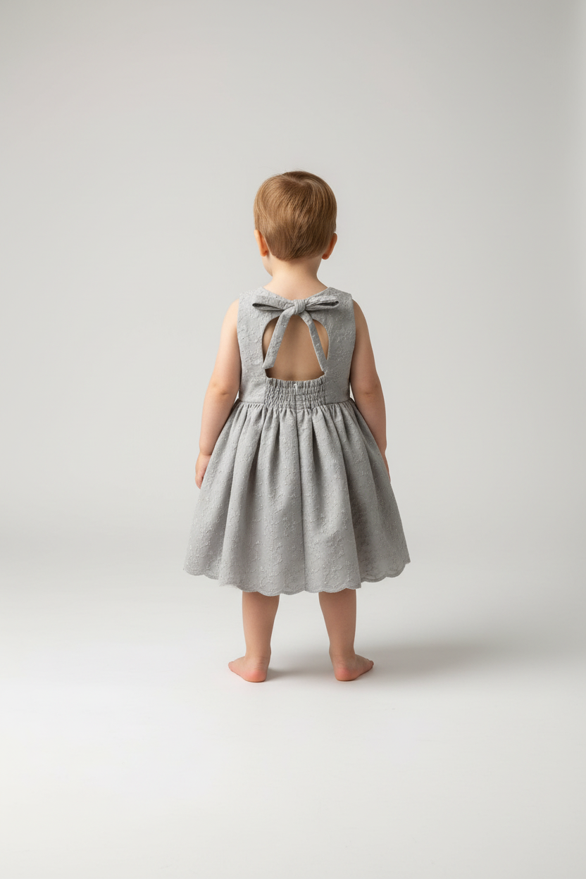 Child wearing a gray dress with a bow detail on a white background