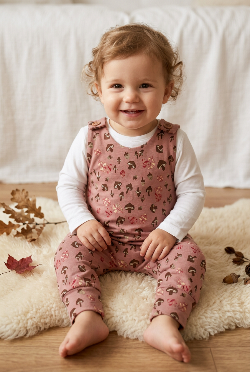 A smiling toddler sits barefoot on a cream sheepskin rug on a wooden floor, wearing a dusty pink sleeveless jumpsuit with a brown and pink floral pattern over a white long-sleeve shirt.