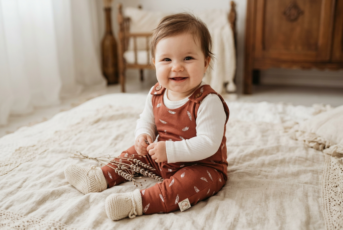 A smiling baby sitting on a cream knit blanket in a softly lit room, wearing a rust-brown and white patterned sleeveless romper over a white long-sleeve shirt.