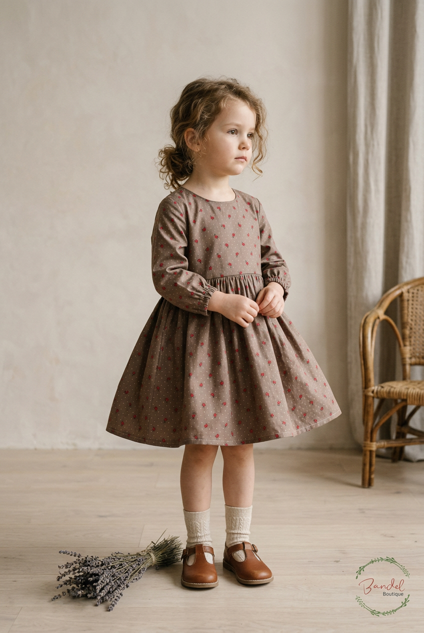 A young girl with curly brown hair stands in a studio setting wearing a brown long-sleeve dress with a small red and green floral pattern, paired with cream socks and brown leather shoes. A bouquet of dried lavender lies on the floor beside her, with a rustic cane chair visible in the background against a textured beige wall.